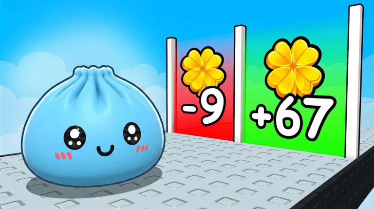 Lucky Dumplings Roblox gameplay screenshot showing luck doors and squishy hatching
